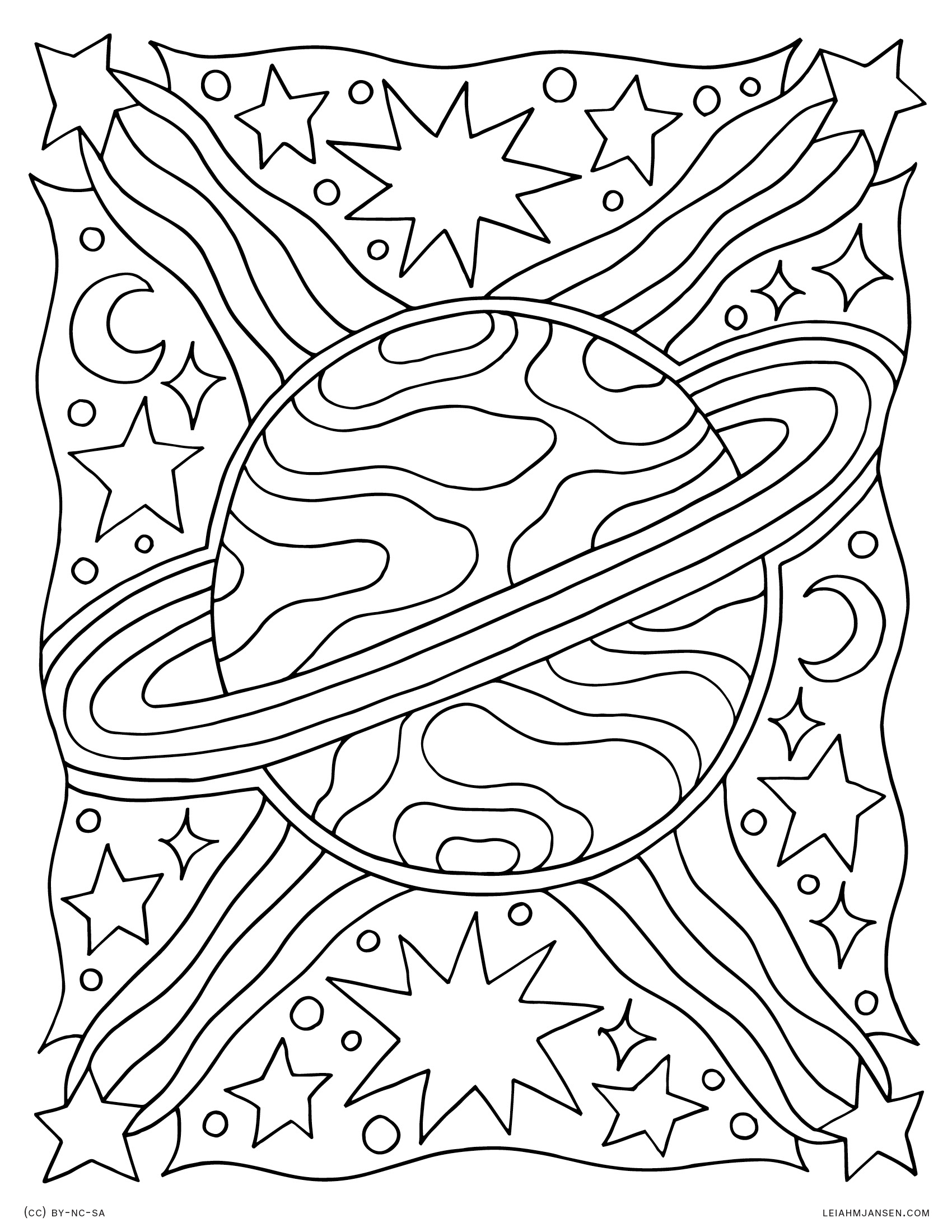 Outer Space Planet Psychedelic Saturn Free Printable Coloring Page for Adults and Kids