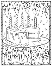 Happy Birthday - Birthday Cake Birthday Party - Free Printable Coloring Page for Adults and Kids, by leiahmjansen.com @oleiah