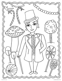 Willy Wonka in his Candy Room of Pure Imagination - Gene Wilder as Willy Wonka and the Chocolate Factory - Free Printable Coloring Page for Adults and Kids, by leiahmjansen.com @oleiah