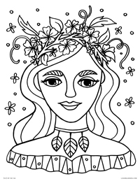Spring Goddess Woman - Nature Girl in Flower Crown - Free Printable Coloring Page for Adults and Kids, by leiahmjansen.com @oleiah