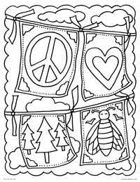 Prayer Flags - Peace, Love, Nature, Bees - Free Printable Coloring Page for Adults and Kids, by leiahmjansen.com @oleiah