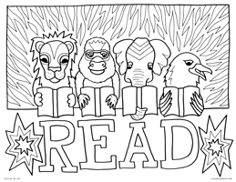 Animals Reading - Lion, gorilla, elephant, eagle reading books - Free Printable Coloring Page for Adults and Kids, by leiahmjansen.com @oleiah