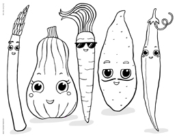 Cute Kawaii Cartoon Vegetables & Harvest Veggies - Happy Thanksgiving - Free Printable Coloring Page for Adults and Kids, by leiahmjansen.com @oleiah