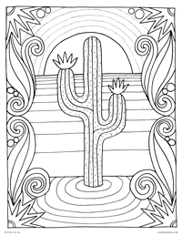 Cactus - Desert Cactus Scene with Sand and Sunset - Free Printable Coloring Page for Adults and Kids, by leiahmjansen.com @oleiah