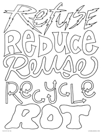 The Five R's - Refuse, Reduce, Reuse, Recycle, Rot - Free Printable Coloring Page for Adults and Kids, by leiahmjansen.com @oleiah