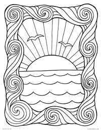 Ocean Waves Scene - Ocean Sunset Frame - Free Printable Coloring Page for Adults and Kids, by leiahmjansen.com @oleiah