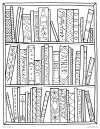 Book Shelf - Patterned genre books on a shelf - Free Printable Coloring Page for Adults and Kids, by leiahmjansen.com @oleiah